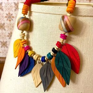 Handmade Multi Colored Wooden Feather  Bead Necklace